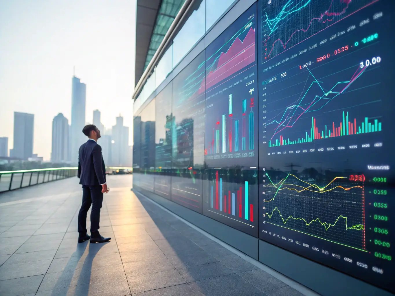 A digital illustration depicting a futuristic financial simulator interface, showcasing real-time data analysis and predictive modeling for currency exchange rates, used by GX Capital.