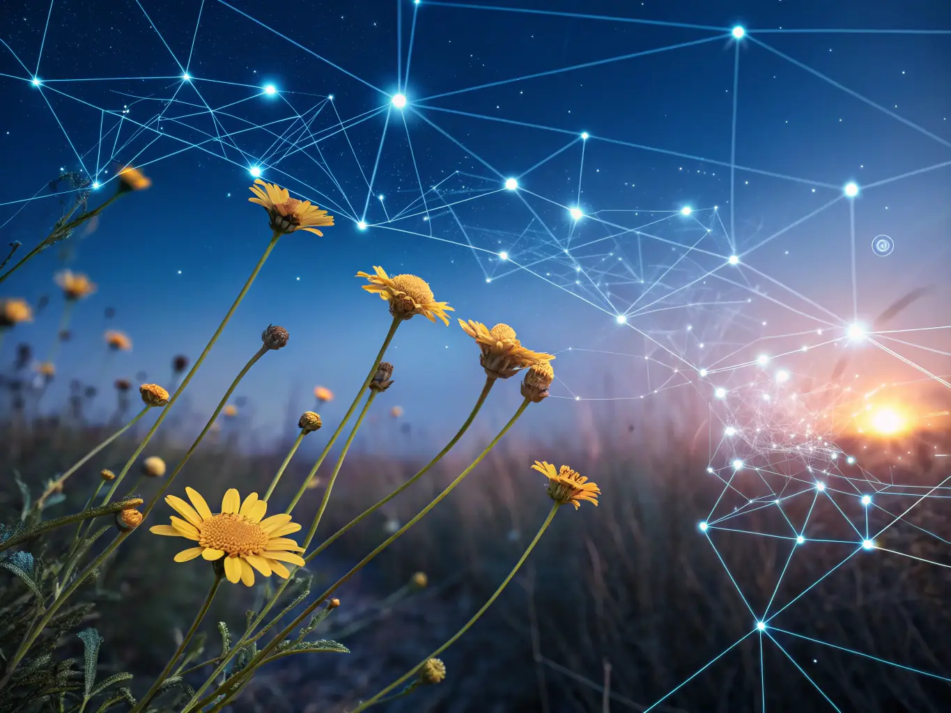 A digital illustration depicting a network of interconnected nodes representing AI-driven credit analysis, highlighting the speed and accuracy of GX Capital's corporate credit solutions.