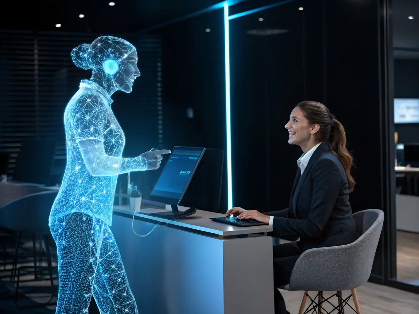 A digital illustration depicting a customer service representative interacting with a virtual AI assistant, showcasing GX Capital's commitment to efficient and personalized customer support.