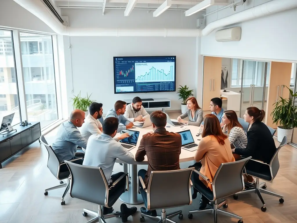 A dynamic image showing a diverse group of business professionals collaborating on a strategic plan in a modern office setting, symbolizing future business consortiums.