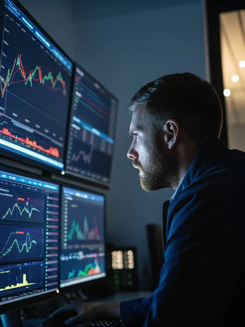 A professional trader analyzing real-time currency exchange rates on a multi-screen setup, showcasing the dynamic nature of the foreign exchange market.